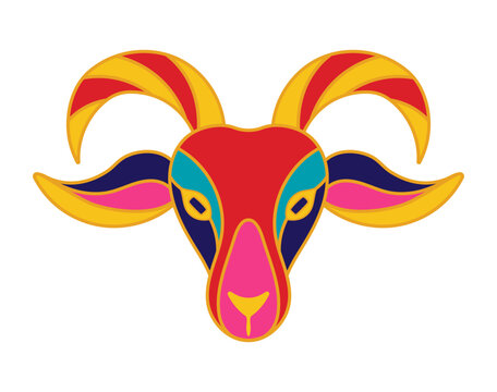 Chinese zodiac sign goat, ram face isolated on transparent background. 2027 Lunar New Year hand drawn flat vector illustration. Traditional holiday celebration design elements, seasonal banner, card