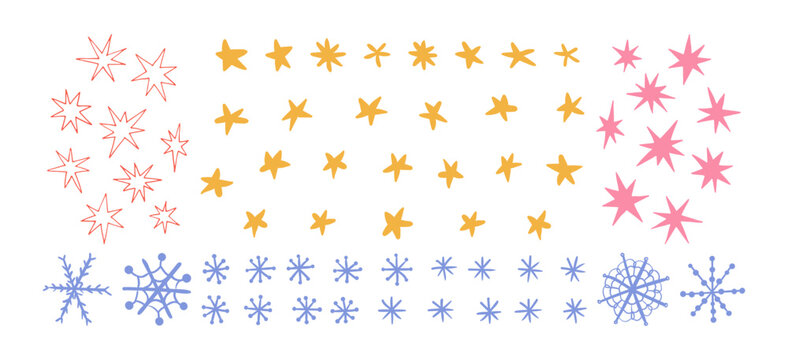 Christmas stars, snowflakes of various shapes hand drawn illustration set, isolated clip art on transparent background. Holiday vector design elements collection. stars