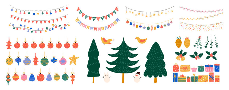 Christmas trees, ornaments, presents, gifts, decorations, lights, ornaments, holly, mistletoe, hand drawn illustration set, isolated clip art on transparent Holiday vector elements collection