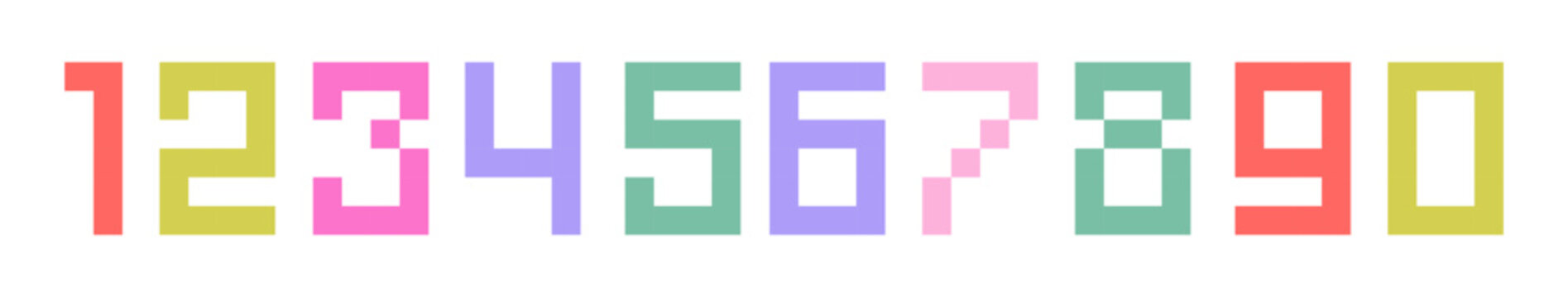Pixel numbers from 1 to 0 isolated set. Square shapes on grid. Pastel violet, green, yellow, pink, blue numerals. Old video game text, vintage, retro design element. Vector illustration, clip art