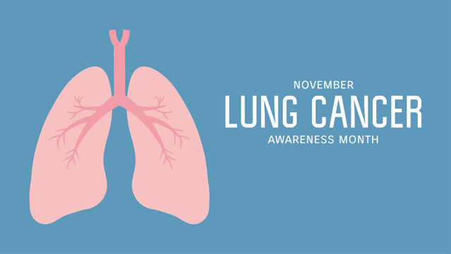 Lung cancer awareness month design with typography, human lungs illustration on blue background. Flat vector design elements for poster, banner. Medicine and health symbol
