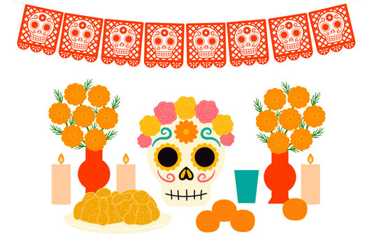 Day of the Dead, Dia de Muertos altar with sugar skull, pan de muerto buns, water, marigolds, candles, papel picado illustration. Mexican festival decorations, design elements. Hand drawn vector