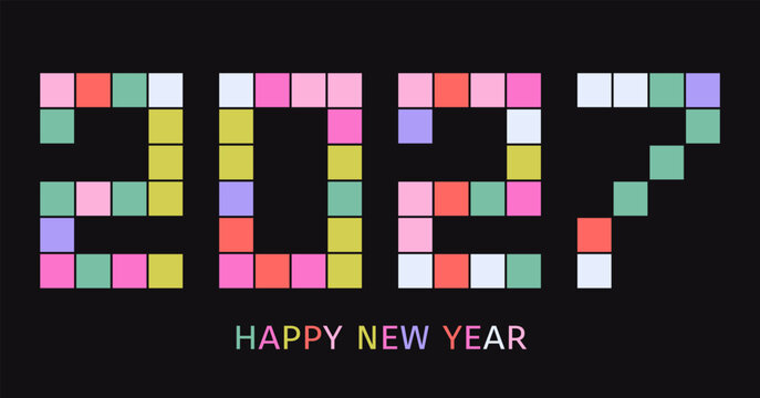 2027 Happy New Year colorful disco ball tiles numbers, text, festive funky illustration on black background. Playful creative geometric design. Vector elements for card, banner, celebration, party