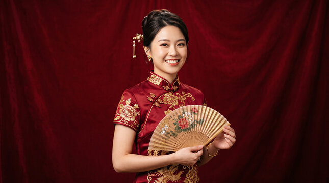 Asian woman in classic cheongsam posing with a folding fan, vibrant red background, Lunar New Year greeting design, Chinese tradition and festive elegance