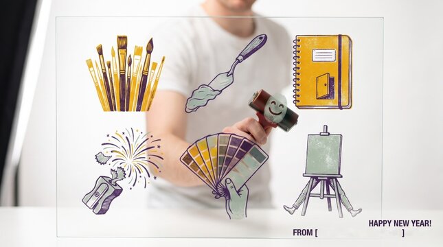 Hand interacting with icons of paint brushes, an artist easel and fireworks, creative studio workflow and artistic goals for New Year's Eve