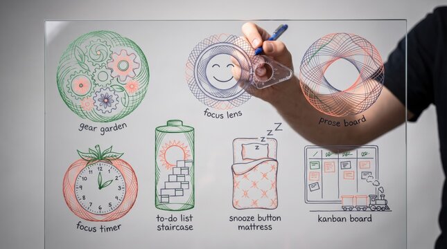 Businessman drawing focus timer and kanban board icons, productivity and time management workflow to organize goals for New Year's Eve and the year ahead
