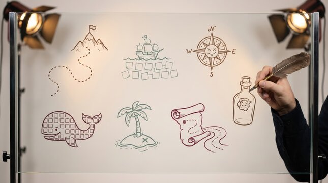 Businessman sketching a treasure map, mountain peak and compass icons, strategic goal setting and success roadmap for the new year on New Year's Eve