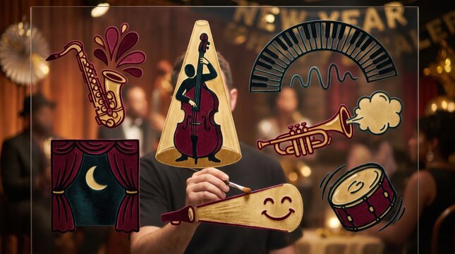 Artist painting musical instrument icons of a saxophone and piano keyboard, live jazz performance and entertainment for New Year's Eve