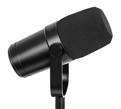 Side view of a black microphone isolated on white
