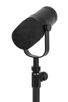 Black microphone on an adjustable stand isolated on white