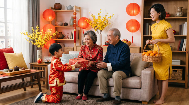 Multigenerational Vietnamese family sharing a joyful Tet celebration, child giving a present to grandparents, family bonds, respect for elders and festive heritage