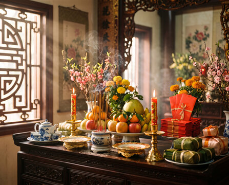 Chinese Lunar New Year shrine decorated with oranges, flowers, incense and red ornaments, traditional offerings symbolizing prosperity, luck and blessings