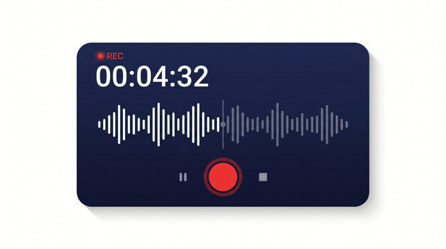  Flat vector user interface element of a voice recorder mobile application widget with clean white audio waveform sound track indicator and red record button isolated on solid white background