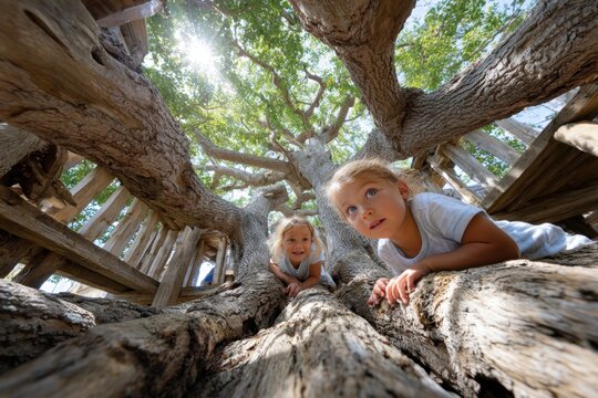 Two Children Exploring a Wooden Treehouse Playground