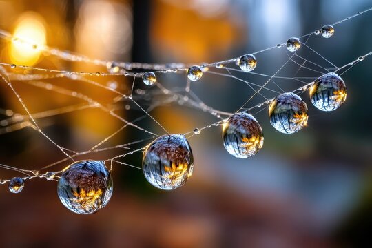 Morning dew glistens on spiderwebs in a tranquil forest during autumn light