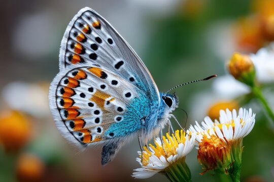 Butterfly with blue and orange wings on white flower