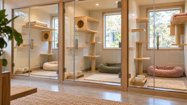 Three Empty Cat Hotel Suites with Clean Beds and Elevated Wooden Perches