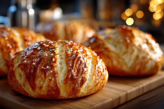 Freshly Baked Bread Rolls on Wooden Board