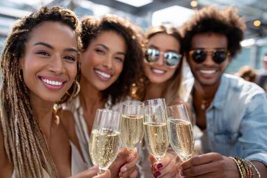Cheers among friends at a rooftop gathering during sunset in a lively city atmosphere