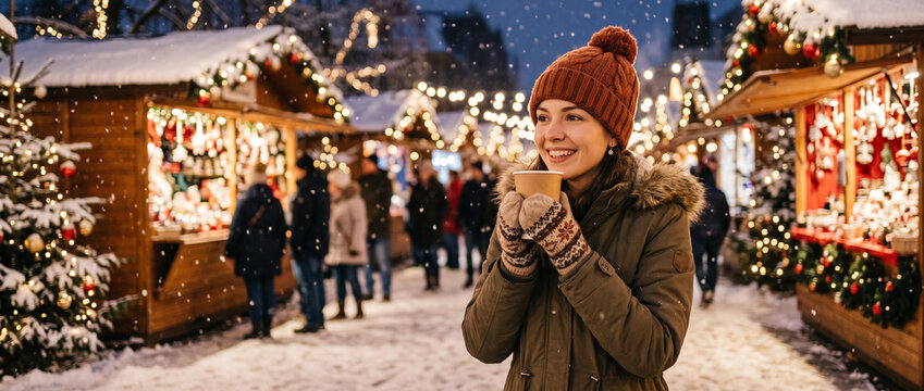 Girl walking on Christmas Market on Red Square in Moscow