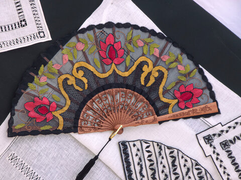 Vintage Handheld Folding Fan with Intricate Floral Embroidery an