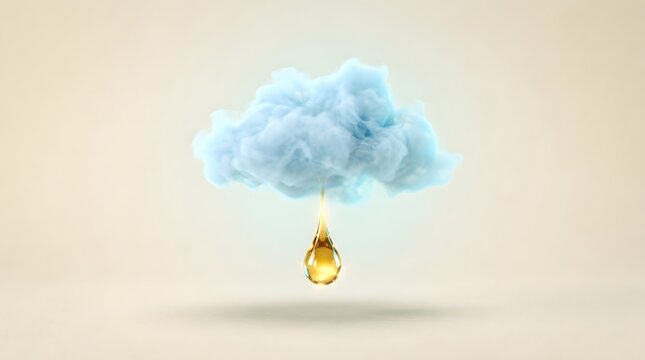 Minimalist blue cloud raining golden drop representing natural essence or environmental wealth.