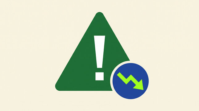 Green warning triangle with exclamation mark and a blue circle with a downward trend arrow, symbolizing risk or caution