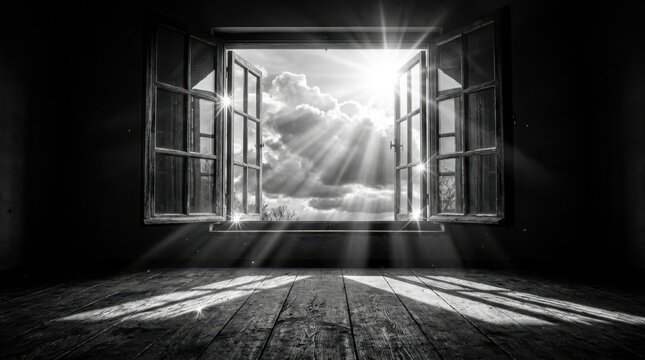 Monochrome open wooden window with four sashes, sun flare and rays through billowing clouds, bright light streaks on dark plank floor