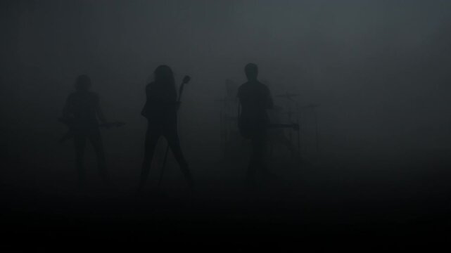 Rock band silhouettes performing smoke. Guitarists drummer vocalist foggy stage.