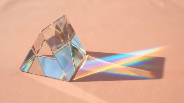 Triangular glass prism creating a beautiful rainbow spectrum on a peach surface from sunlight.