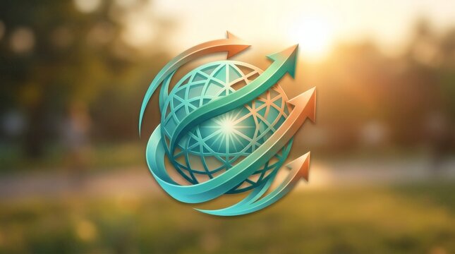 Abstract globe illustration with curving arrows representing global connectivity and financial growth in sunset lighting.