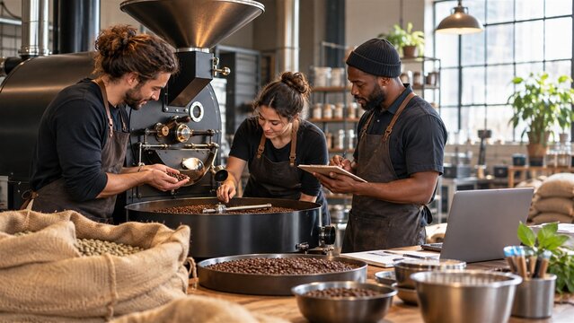 Coffee roastery team collaborating around generic roasting equipment a