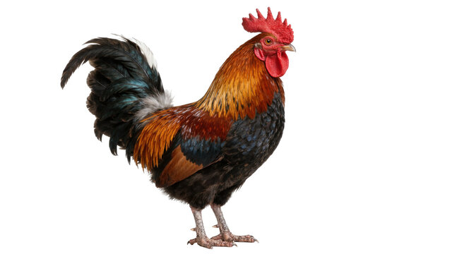 Colorful rooster with red comb and black tail feathers, isolated on transparent background
