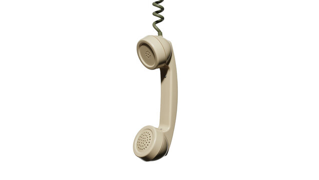Retro beige telephone handset with coiled cord, isolated on transparent background