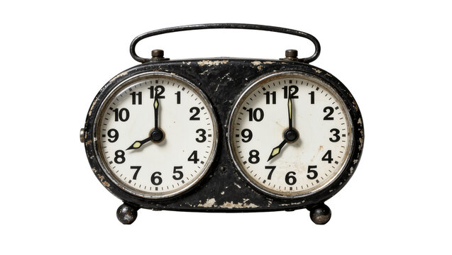 Vintage black twin-dial alarm clock showing 8 00 and 7 00, isolated on transparent background