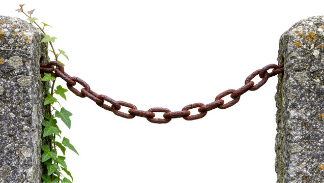 Rusty metal chain connecting two rough stone pillars overgrown with green ivy, isolated on transparent background