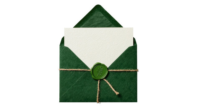 Dark green textured envelope with twine and wax seal, holding blank card isolated on transparent background