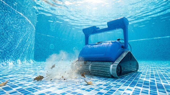 Robotic pool cleaner vacuuming debris from tiled swimming pool floor underwater. Automatic pool maintenance and water cleaning. Residential swimming pool care and sanitation.