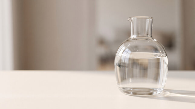 Transparent Glass Water Carafe and Drinking Glass on a Warm Neutral Kitchen Surface, Minimalist Drinkware Still Life with Soft Natural Light and Elegant Reflections