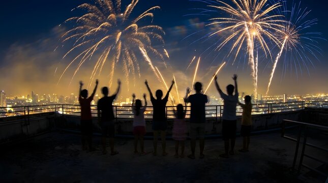 Group of people standing on a rooftop watching colorful fireworks over a city skyline at night with vibrant fireworks illuminate celebration while watching