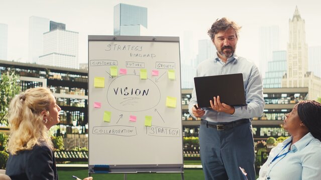 Business strategy, whiteboard and presenter as man explains roadmap beside colorful sticky notes to colleagues. Team collaboration, shared vision and growth planning guide outdoor workshop on terrace.