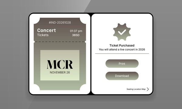 Concert ticket booking confirmation UI mockup with MCR concert pass and download options