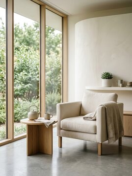 Minimalist Living Room with Armchair and Side Table by Large Window.