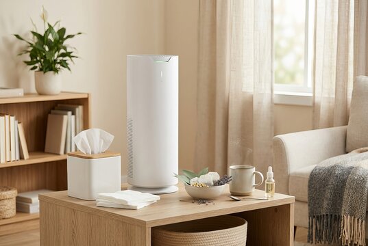 Modern Air Purifier Enhances Living Room Ambiance and Health.