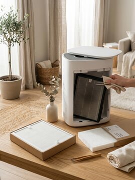 Modern Air Purifier Maintenance and Filter Replacement in a Cozy Living Room.