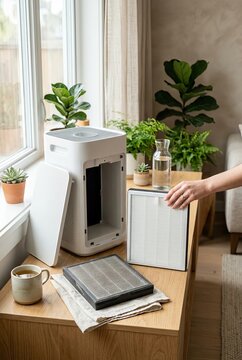 Modern Air Purifier with Plants and Natural Light by Window.
