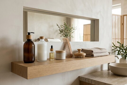 Modern Bathroom Shelf with Skincare Products and Natural Elements.