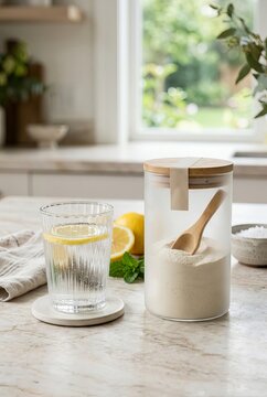 Modern Kitchen Countertop with Refreshing Drink and Storage Jar.