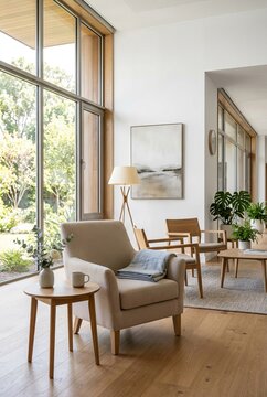 Modern Living Room with Large Windows and Natural Light.
