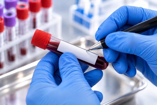Gloved laboratory worker labels blood sample tube with pen. Medical testing and clinical diagnostics. Healthcare research, pathology and sample identification. Laboratory procedure.